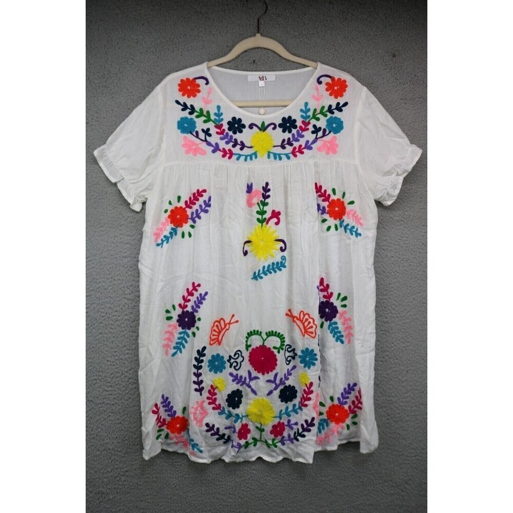 A & B Short Sleeve Embroidered Floral Tunic-Large-Boho-Cottagecore